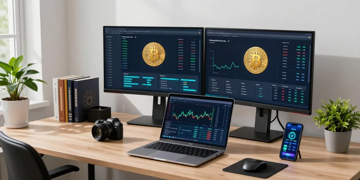 bitcoin mining service dashboard showcasing cryptocurrency trends and market data in a modern office setup.