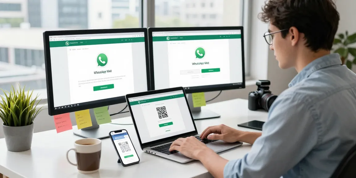 Engaged professional logging into WhatsApp網頁版 on a modern workspace laptop with dual monitors.