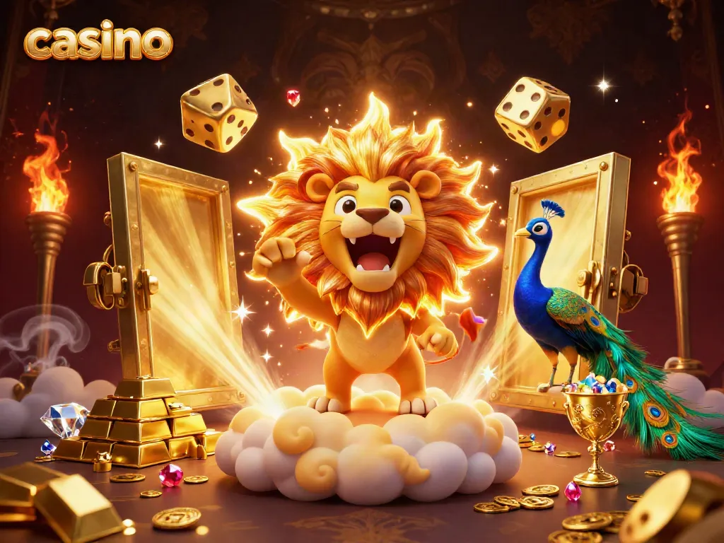 Experience thrilling casino gameplay with a roaring lion, golden dice, and vibrant treasures.