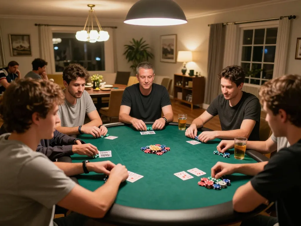 Engaged friends playing poker during a home game night, highlighting strategic gameplay at 388bet