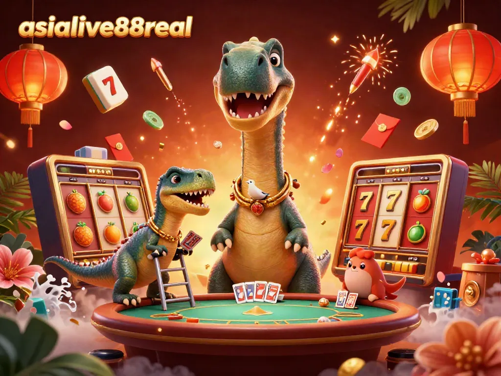 Experience the excitement of asialive88real with a playful dinosaur managing a vibrant casino scene.