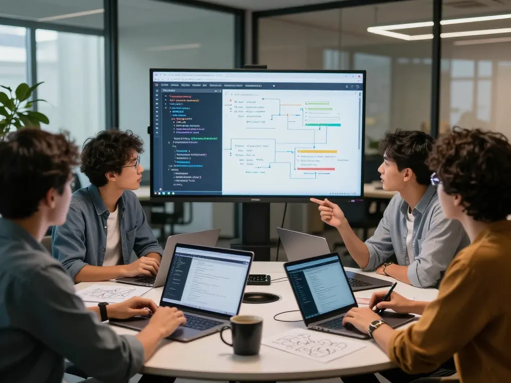 Engineers collaborating on Moltbot AI software in a tech workspace, illustrating innovative development.