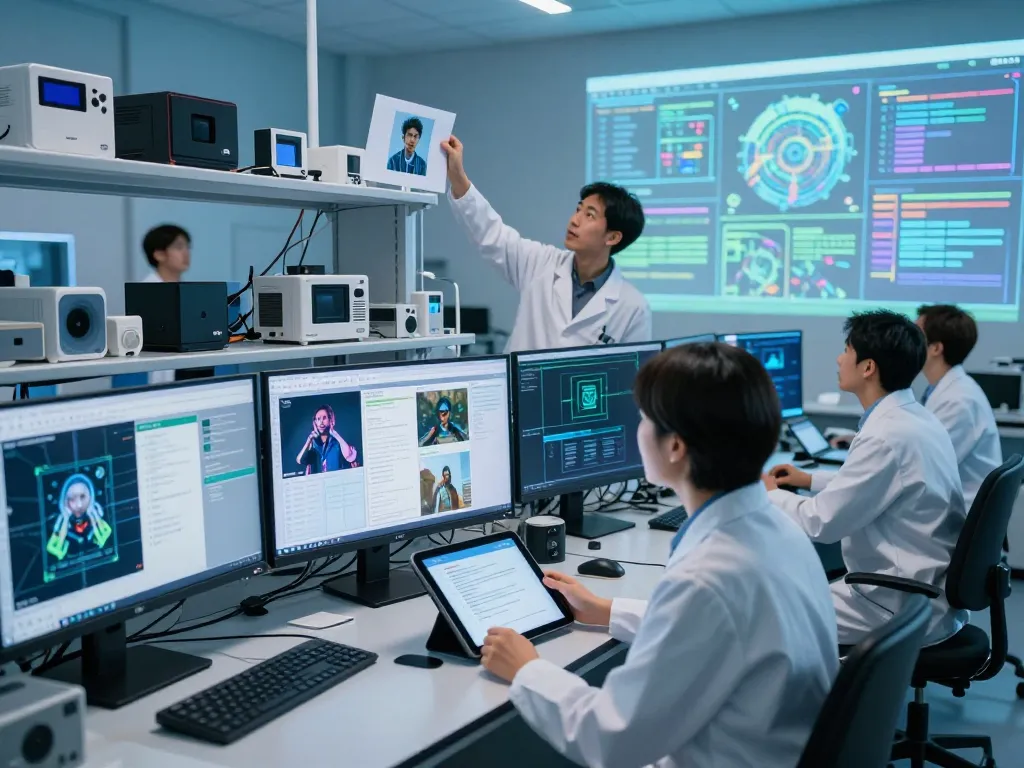 Image to prompt ai in a high-tech lab, showcasing AI prompt generation with diverse team collaboration.