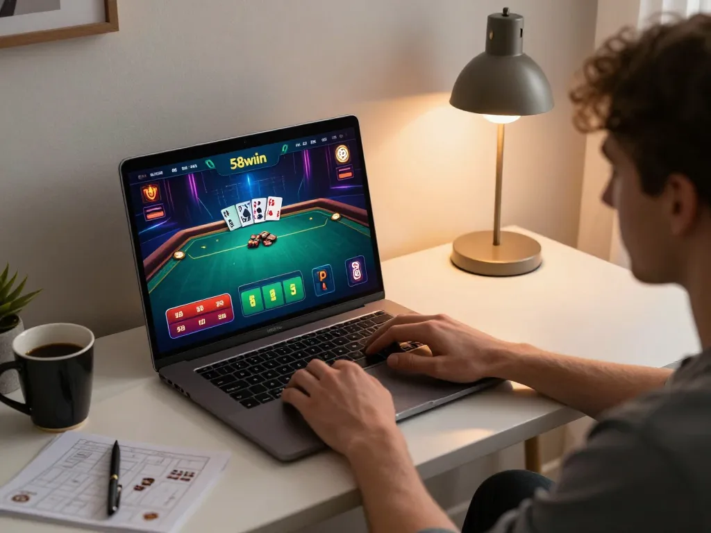 Person enjoying online gambling on 58wiin at home, focused on poker game interface.