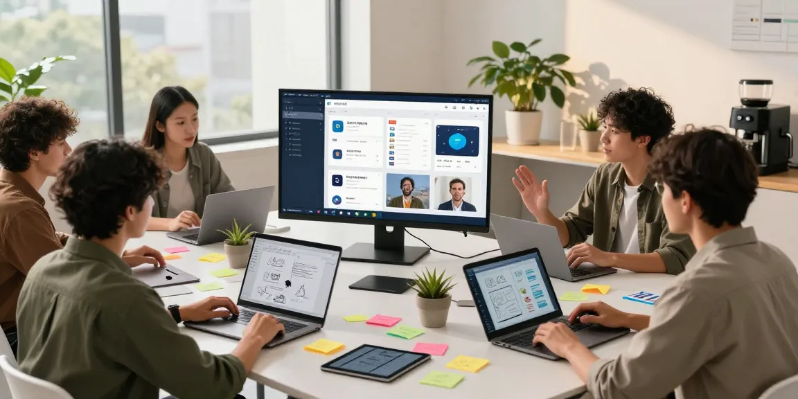 Collaboration scene featuring professionals working on 纸飞机中文版 app at a modern office