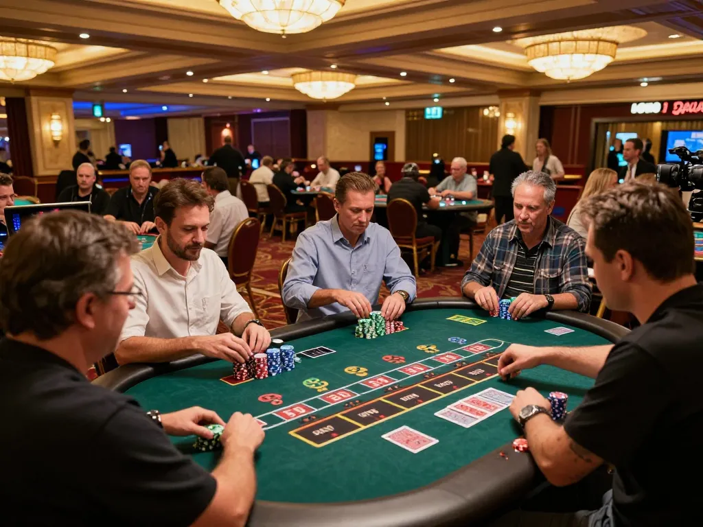 Players engaging in vibrant casino gaming at sv368 with roulette and blackjack tables, capturing the thrill of strategy.