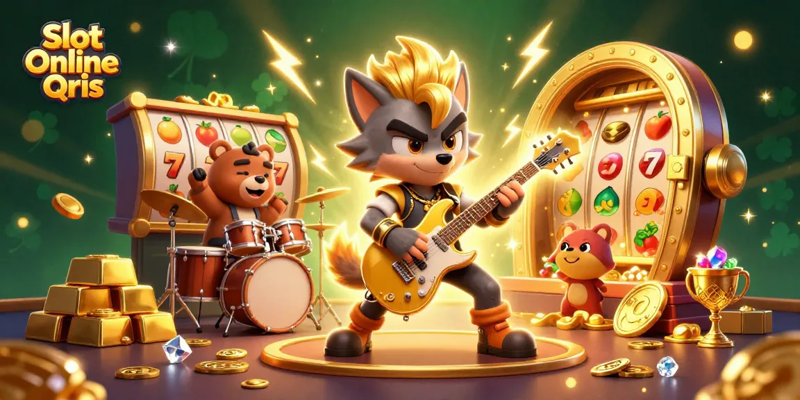 Experience the thrill of Slot Online Qris as a rock star wolf shreds guitar on a vibrant casino stage, flooding the scene with gold and gems.