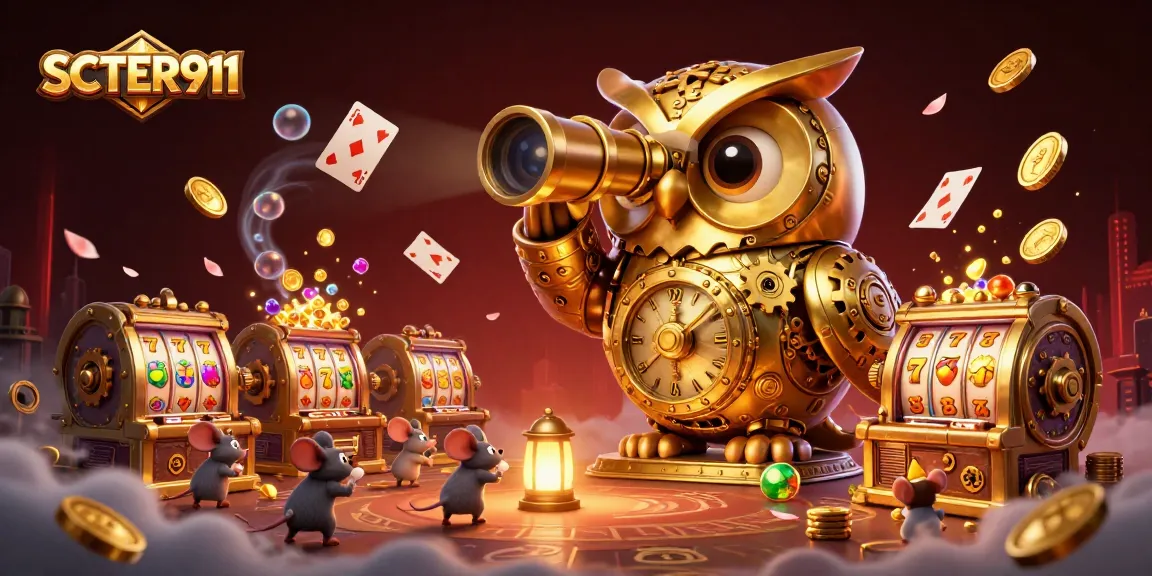 Engage in thrilling casino action with SCATTER911 featuring dynamic slot machines and a clockwork owl guardian.