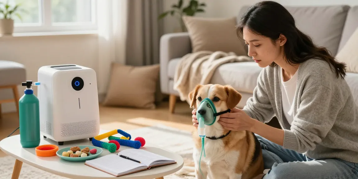 Owner using a 寵物家用氧氣機 to help their dog breathe better in a cozy living room.
