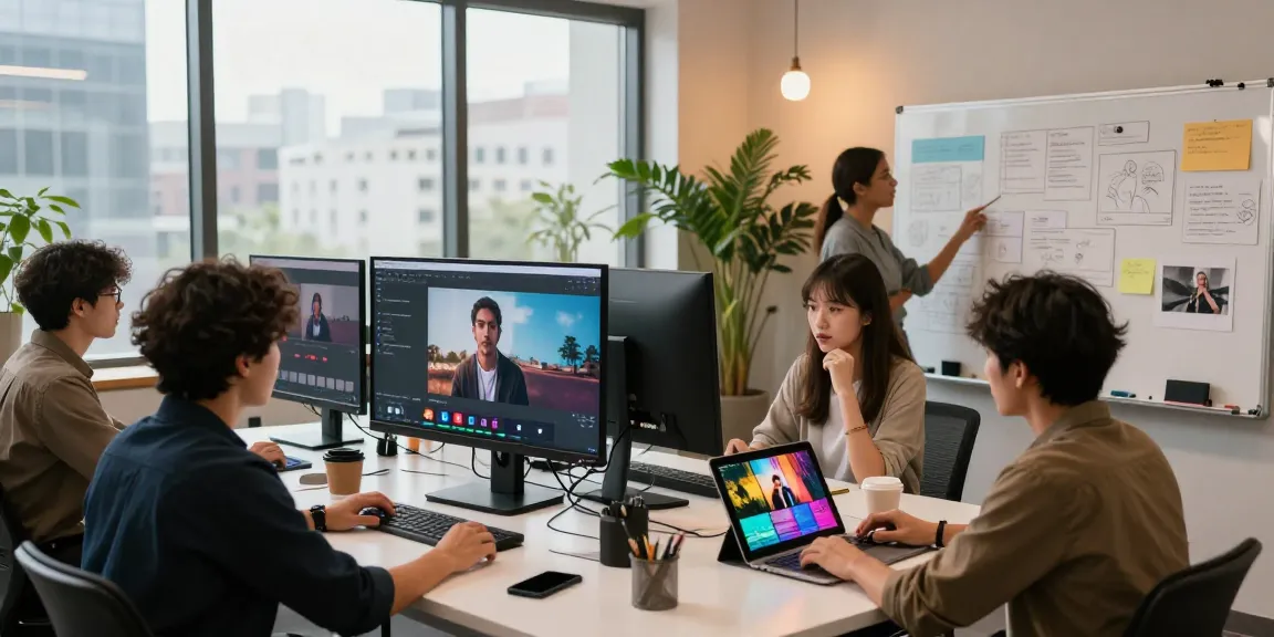 Collaborative video creation scene showcasing seedance ai's capabilities with diverse creatives and cinematic projects.
