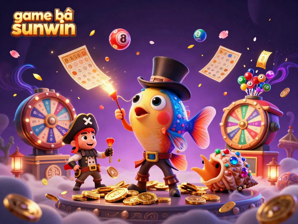 Win big with game bài sunwin illustrated by a cartoon anglerfish, shrimp, and sea snail in a vibrant casino atmosphere.