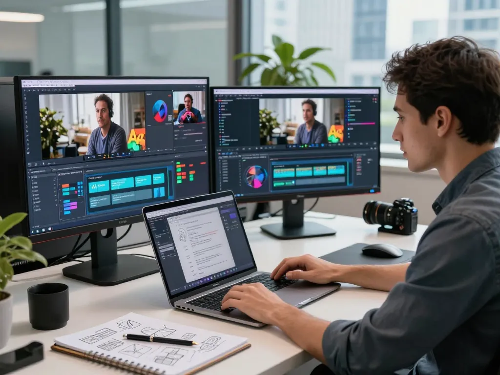 Content creator using video to promptgenerator in a modern workspace with multiple screens showing AI analytics and prompts.