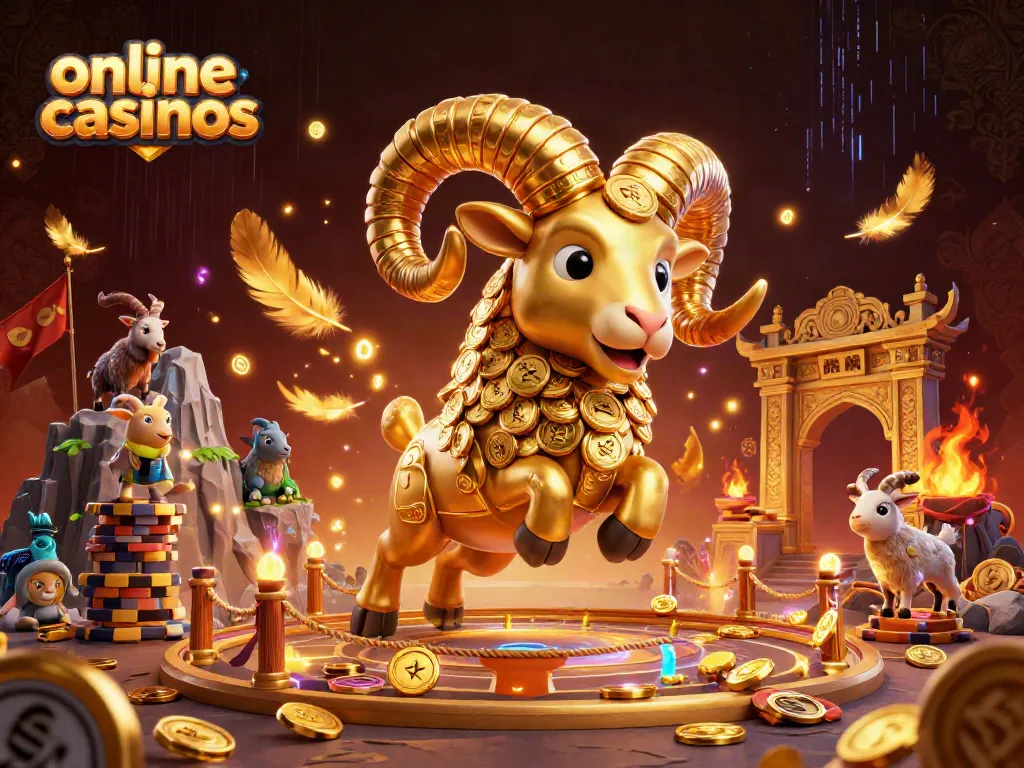 Engage with online casinos through thrilling gameplay featuring 3D golden ram charging at a golden gate.