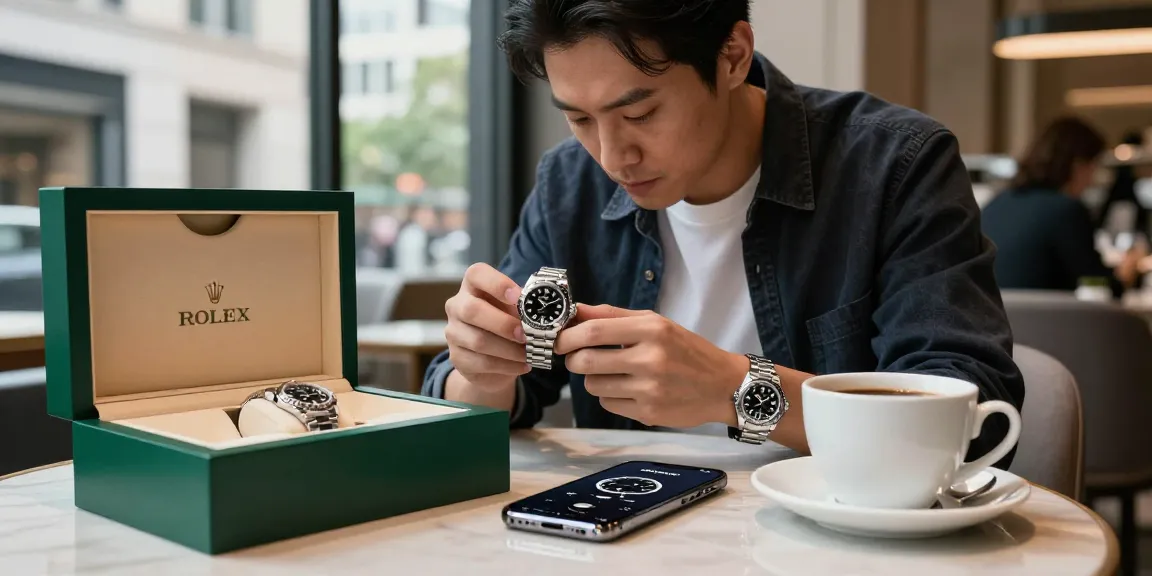 Examine luxurious rolex super clone watches in a chic café setting with modern architecture.