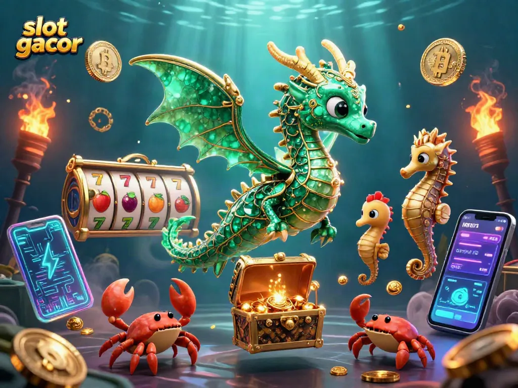 Menangkan slot gacor dengan ilustrasi mega jackpot yang menampilkan naga laut bersinar dikelilingi koin crypto.