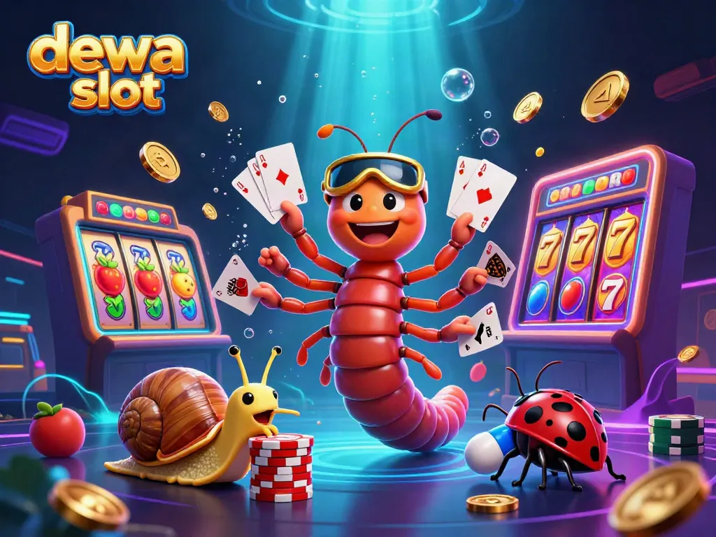 Gambar ilustrasi dewa slot yang menampilkan dealer milipede 3D dan karakter kasino interaktif yang meriah.