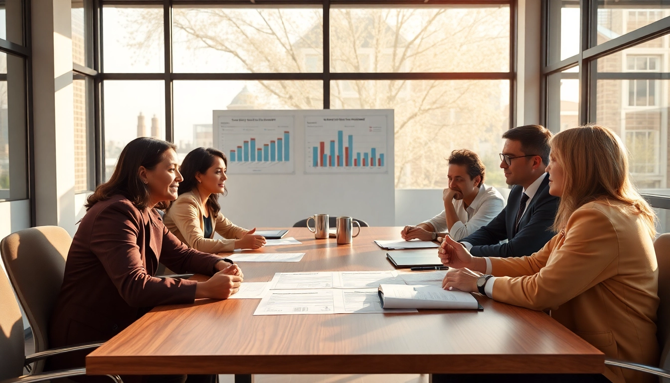 Individuals engaging in a business meeting about contracts and grants in a professional setting.