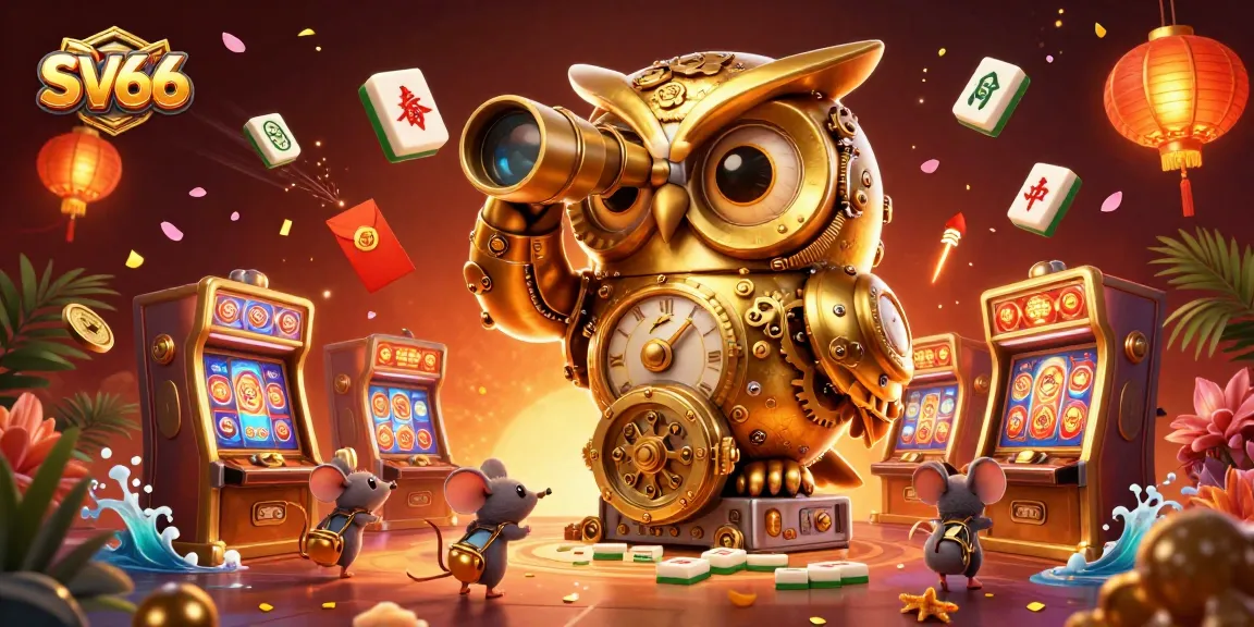 Experience the thrilling SV66 casino atmosphere with a vibrant golden owl scanning slot machines.