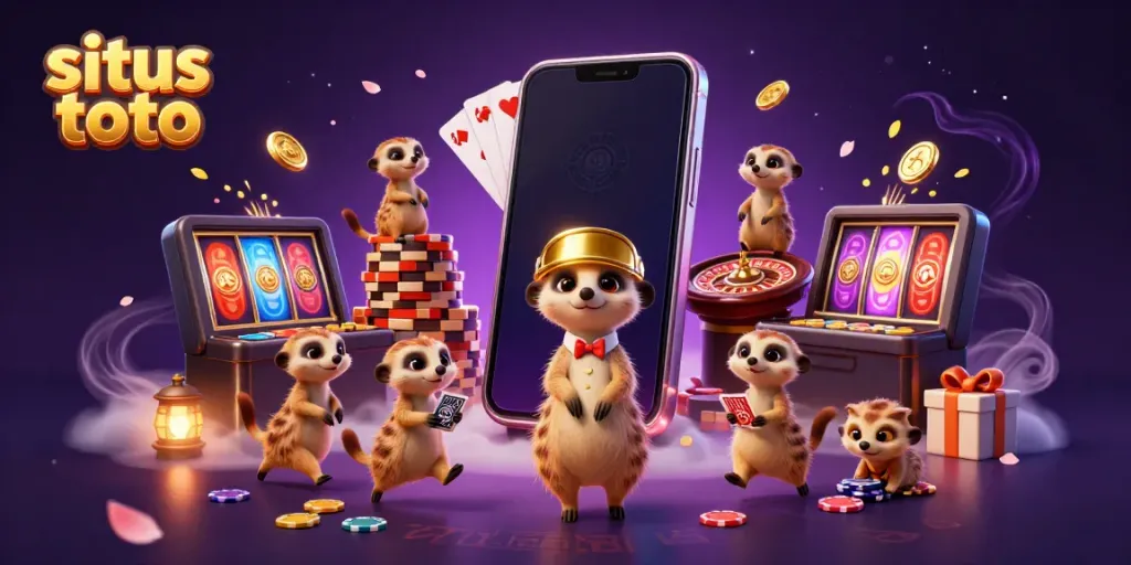 Situs toto reveals a vibrant 3D illustration of meerkats running a lively casino, showcasing gameplay and excitement