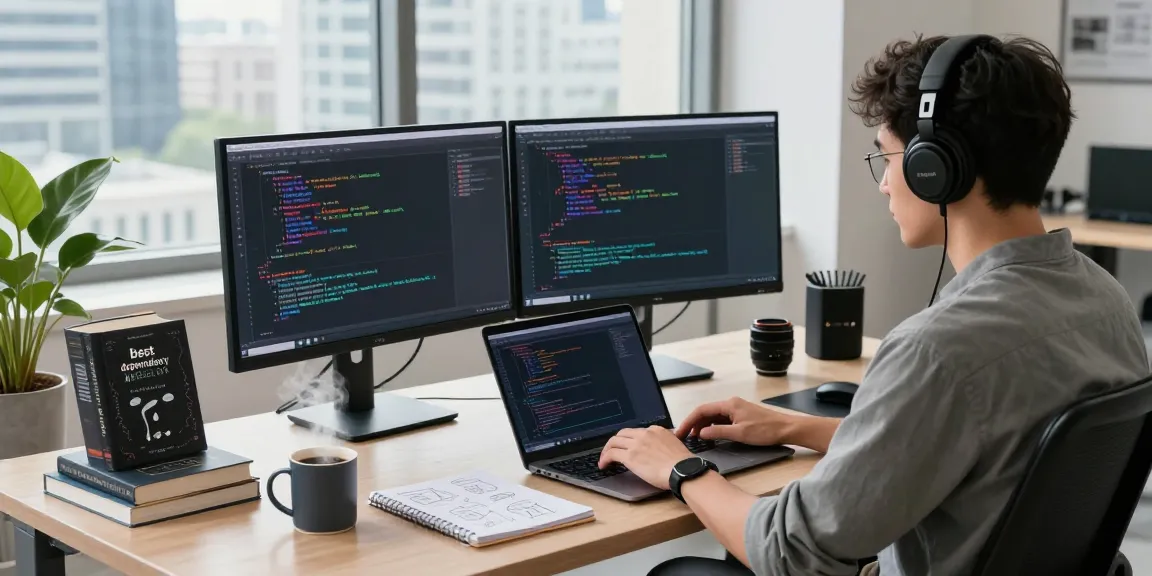 Learn dependency injection with Hilt in a modern coding workspace with a developer at dual monitors, books, and coffee