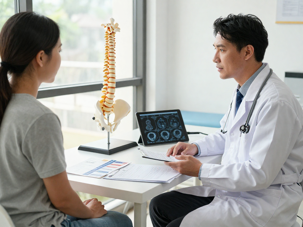 Boyun fıtığı ameliyatı consultation with doctor and patient discussing treatment options in a bright clinic.