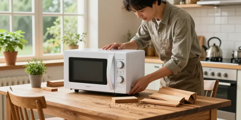 SHASHEL® microwave device used for fast and effective wood pest elimination in a cozy kitchen.