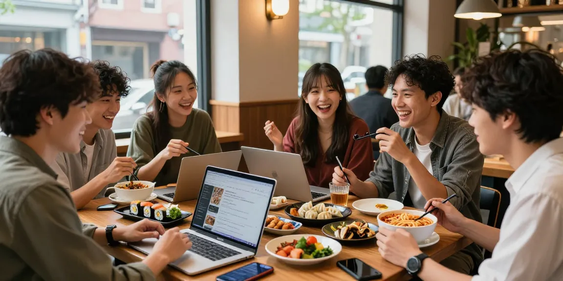 A group enjoying Asian cuisine while discussing content from https://hanadultalk.com in a vibrant café setting.