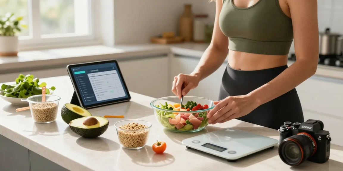 Bright kitchen scene with the best macro tracking app visible while preparing a healthy meal.