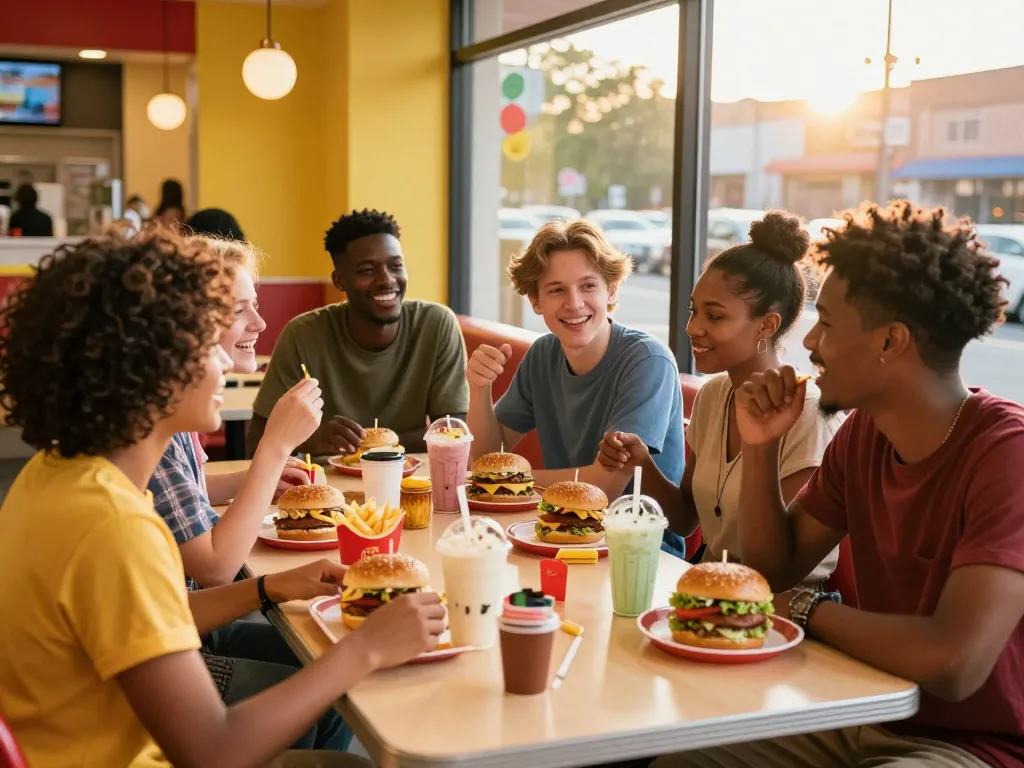 Fast food menu featuring diverse dishes enjoyed by friends in a vibrant restaurant setting.