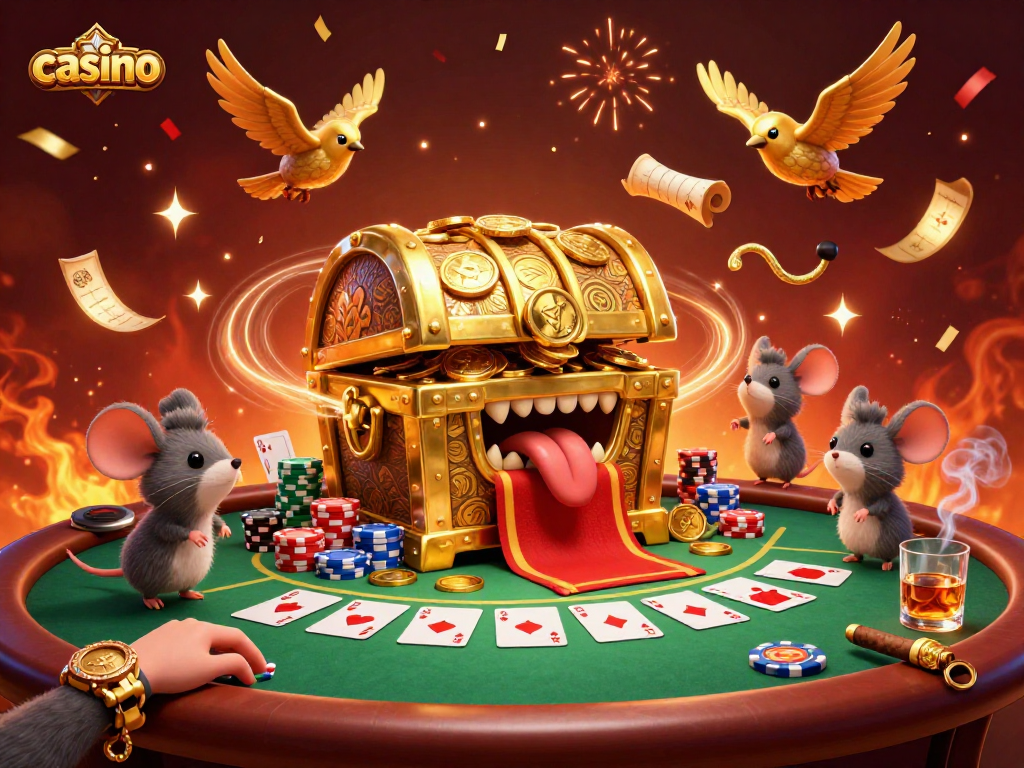 Engage in thrilling casino gameplay with vibrant poker elements and enticing treasure chests.