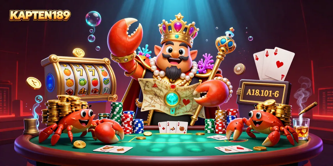 KAPTEN189 menampilkan ilustrasi kasino dengan kepiting kerajaan emas dan elemen permainan slot yang dinamis.