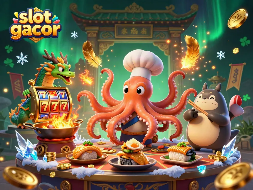 Experience slot gacor with a vibrant scene of cartoon characters preparing delicious dishes amidst golden coins and slot reels.