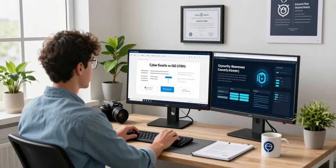 IT professional comparing cyber essentials vs iso 27001 in a modern workspace filled with tech elements and certification materials.