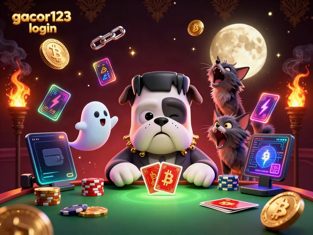 Engage with gacor123 login at a vibrant casino scene featuring charismatic characters and crypto elements.
