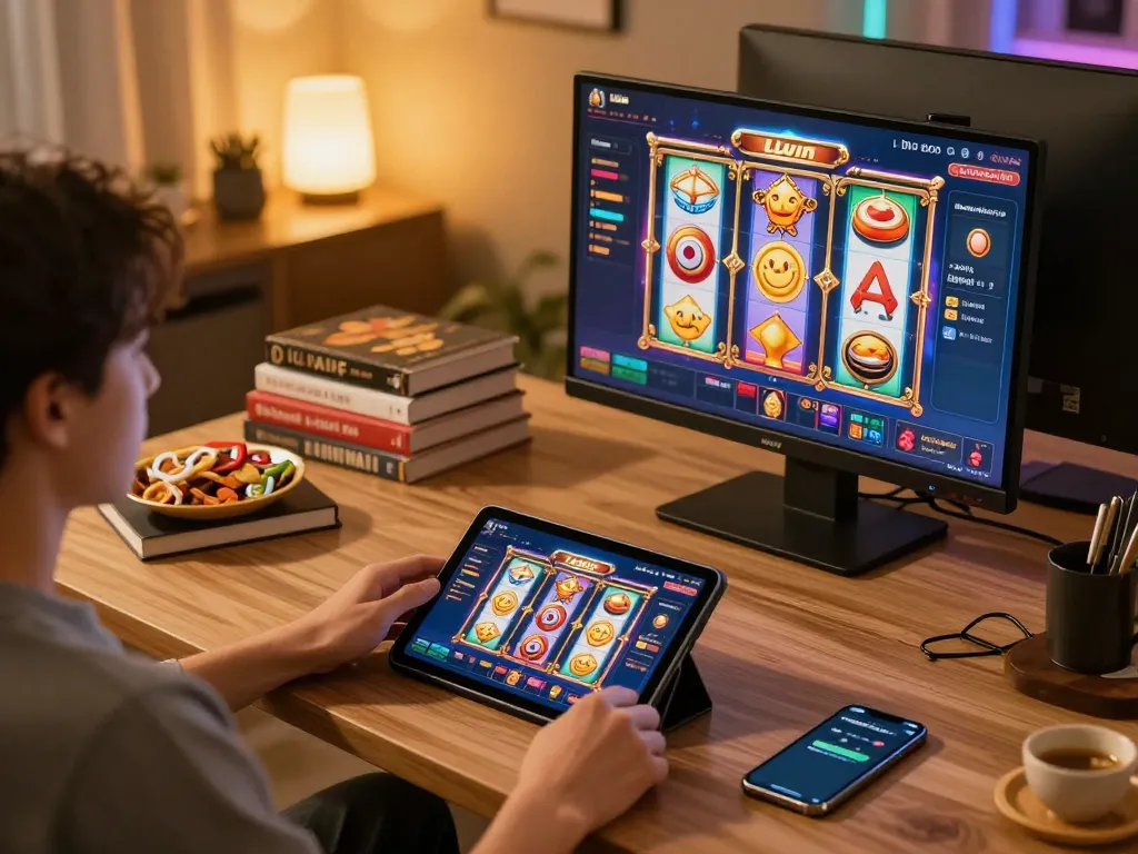 Person enjoying LLwin gaming on a tablet in a cozy home environment.