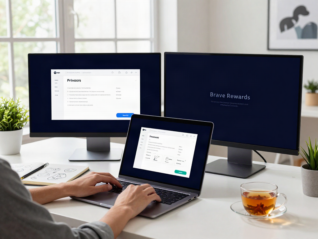 User navigating the brave浏览器 in a modern home office setup, highlighting privacy features.