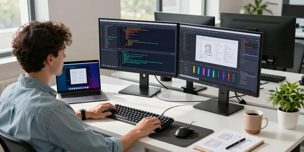 Efficient workspace featuring a software developer using 截图软件 with dual monitors displaying code and UI design.
