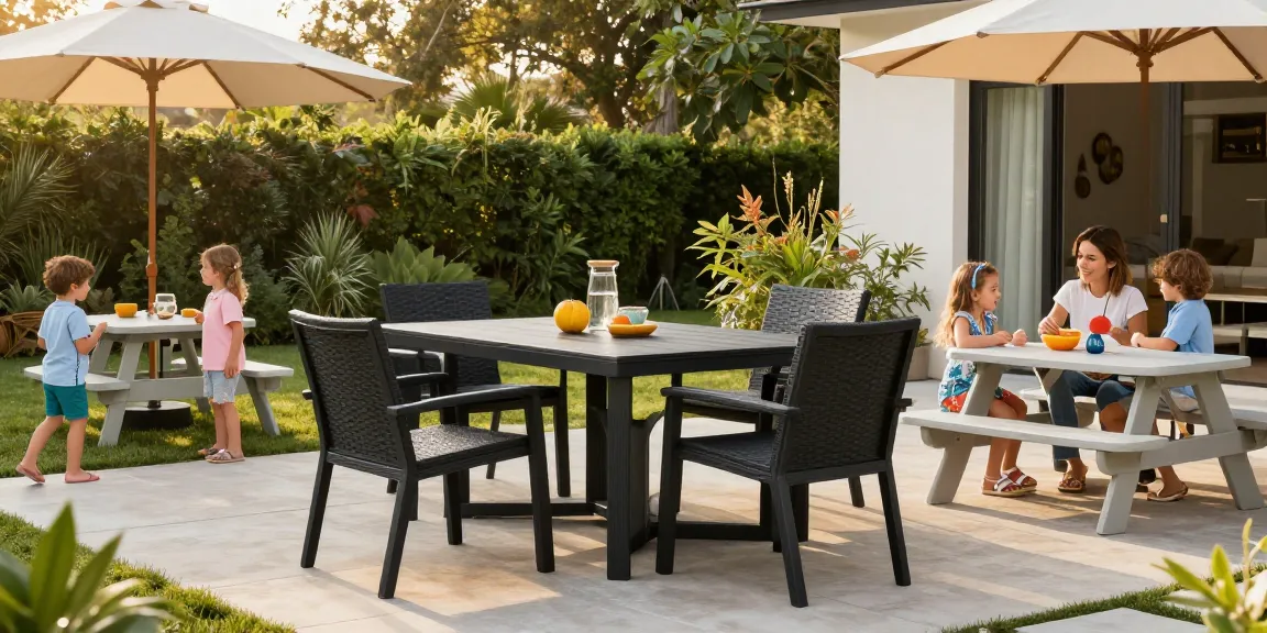 Outdoor patio furniture showcased in a vibrant family gathering around a stylish dining set, highlighting the Lotus 3-Piece Dining Set.