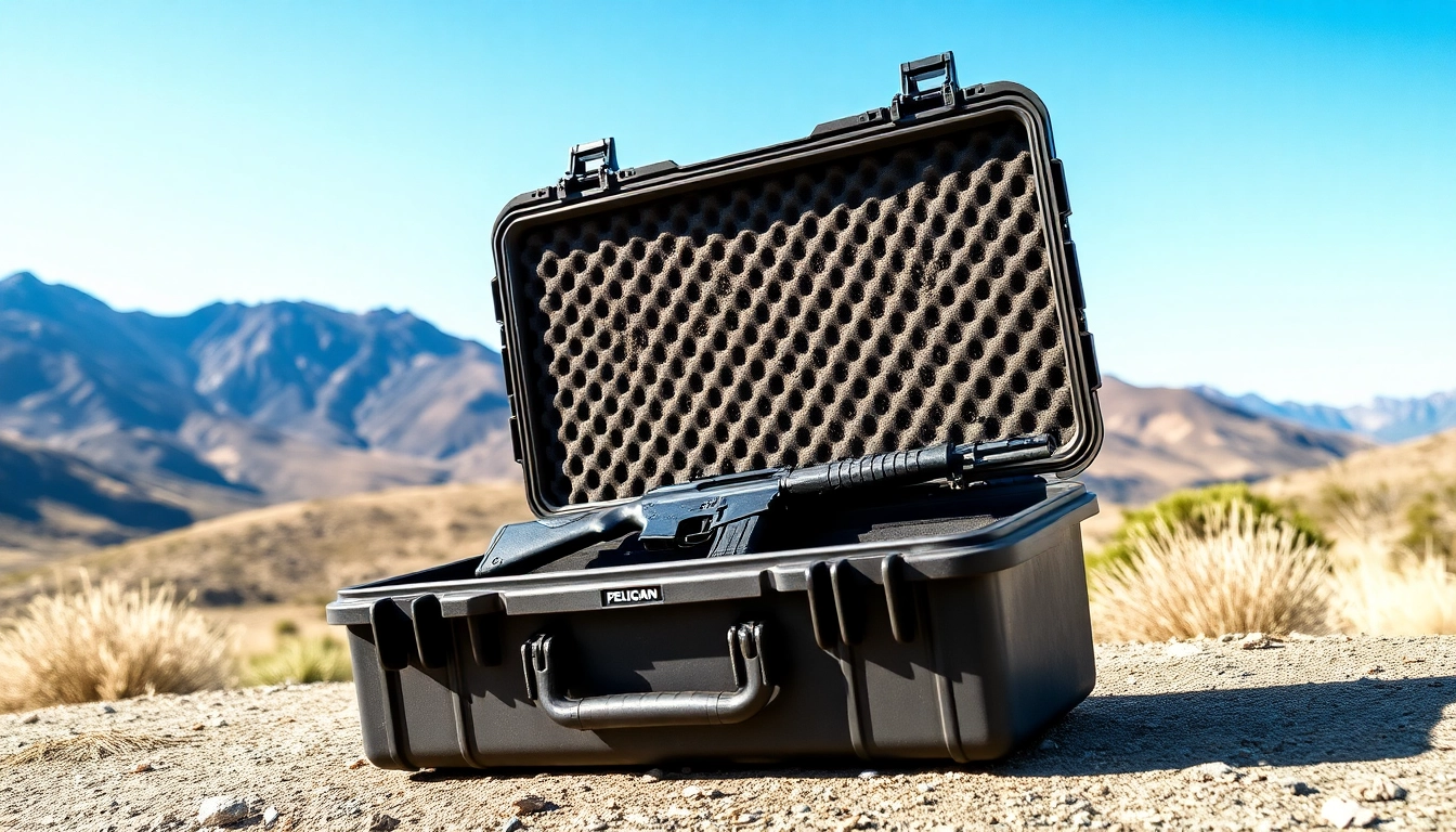 Explore a Pelican gun case for sale, showcasing durability and spacious interior in an outdoor setting.