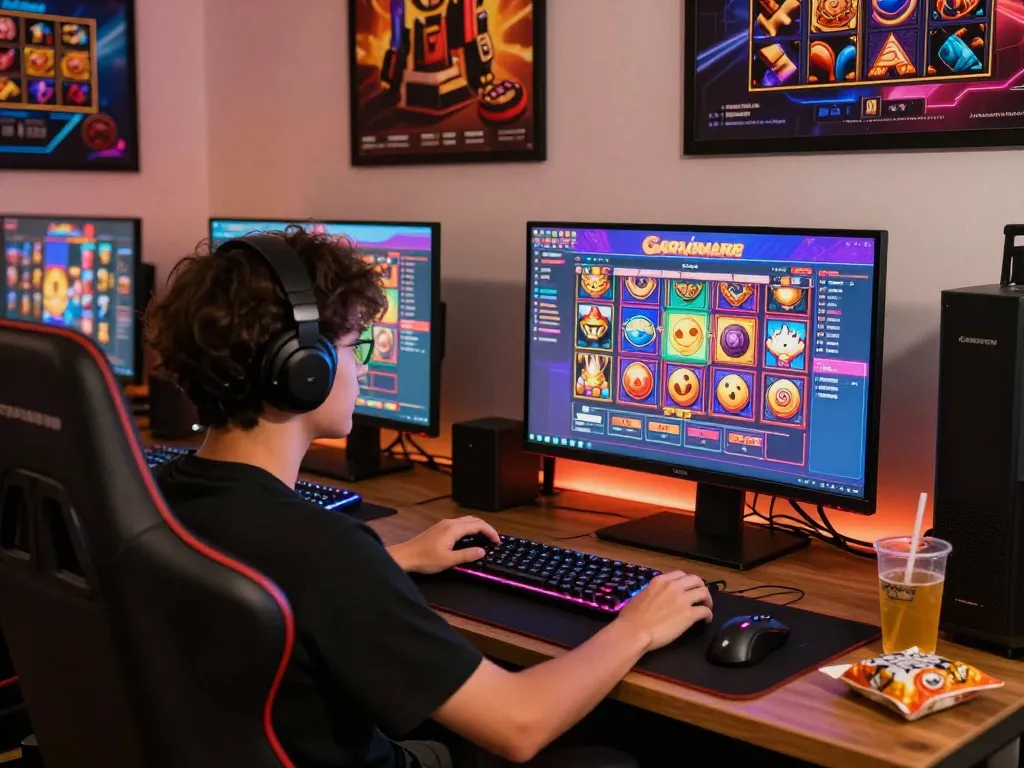 Player engaging with slot gacor game at a vibrant gaming setup