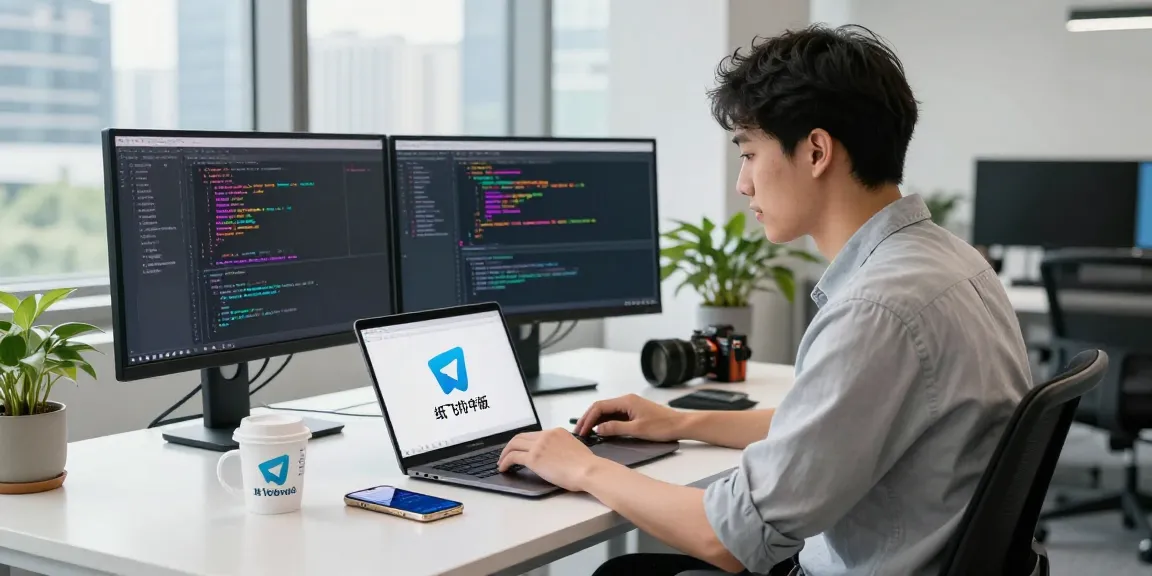 Engaging Telegram workspace showcasing 纸飞机中文版 features on laptop in a modern tech environment.