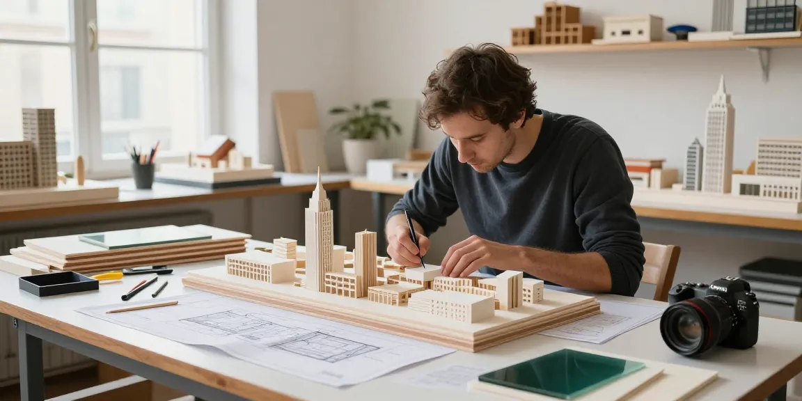 Architectural model maker Italy creating detailed city models in a bright workshop.