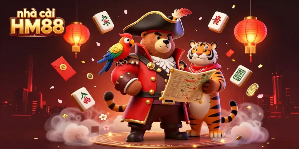 Engage with the vibrant world of nhà cái HM88 featuring a 3D cartoon pirate bear and tiger amidst floating mahjong tiles.