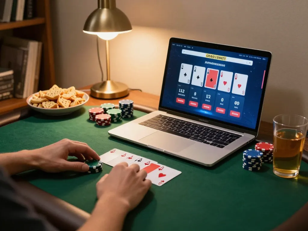 Engaging with online poker on 789clubgo platform, mixing strategy and excitement in a cozy setting.