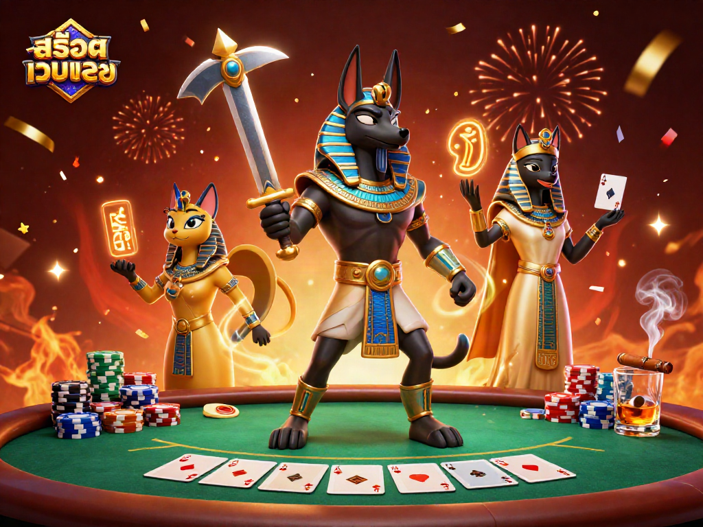 Stream exciting สล็อตเว็บตรง gaming action with a vibrant 3D casino scene featuring Anubis and Bastet.