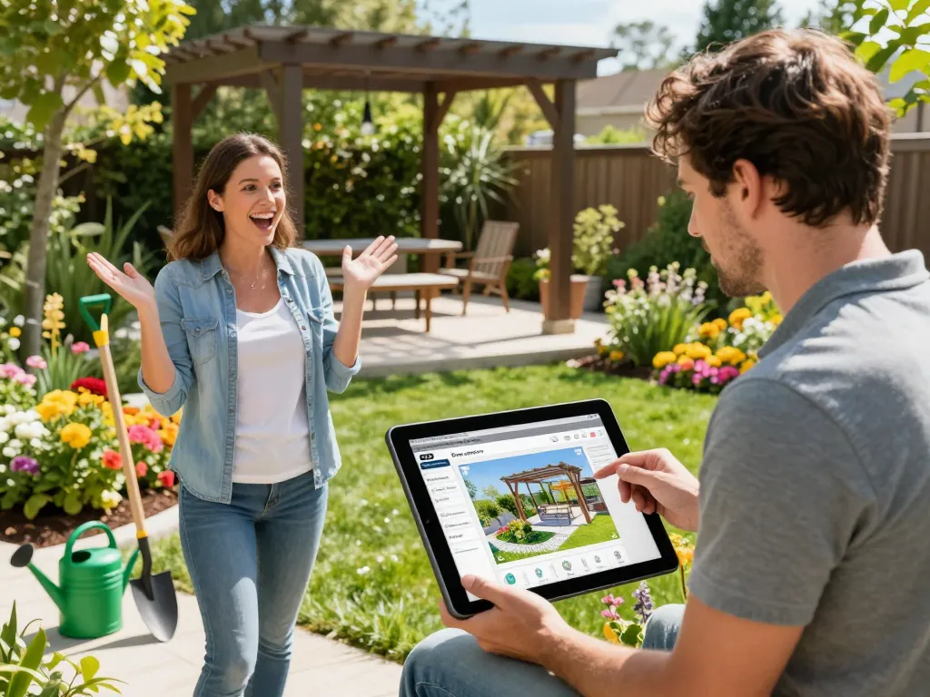 Professional using Pergola Configurator Software on tablet in vibrant garden.