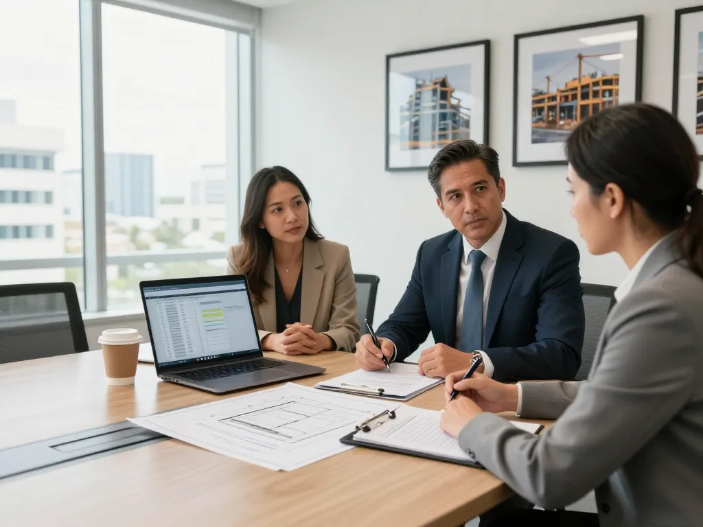 Boca Raton Construction Litigation Lawyer consulting with contractor in modern office setting, discussing legal documents.