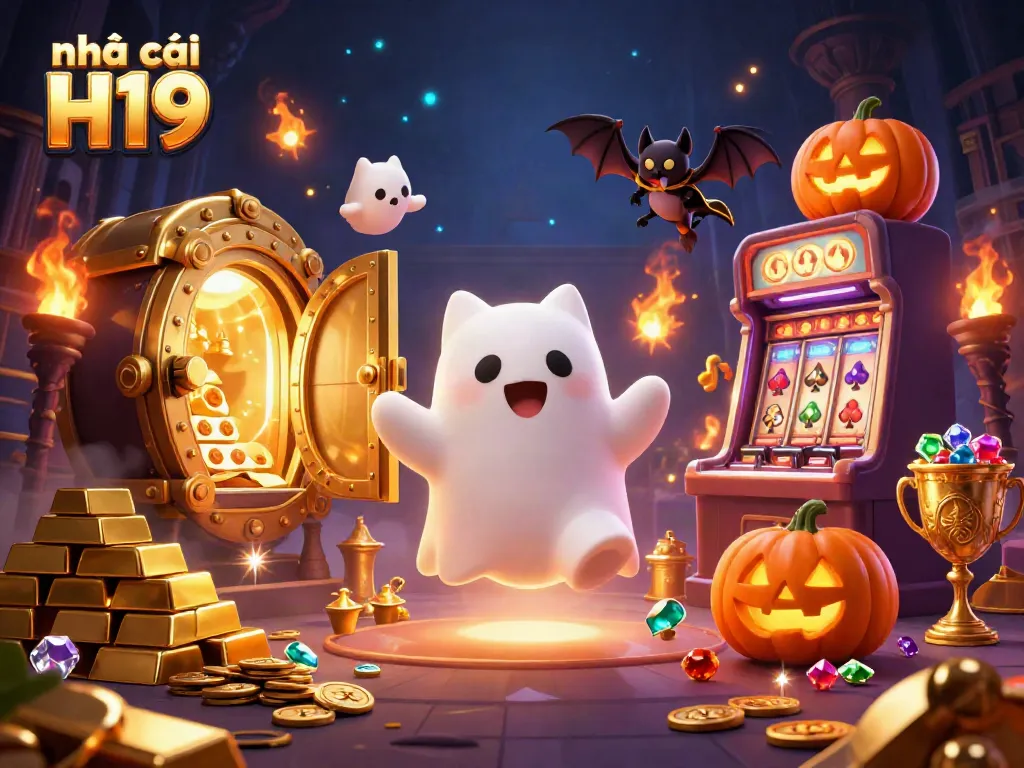 Experience the thrilling atmosphere of nhà cái H19 with a floating ghost cat and treasures in a haunted casino.