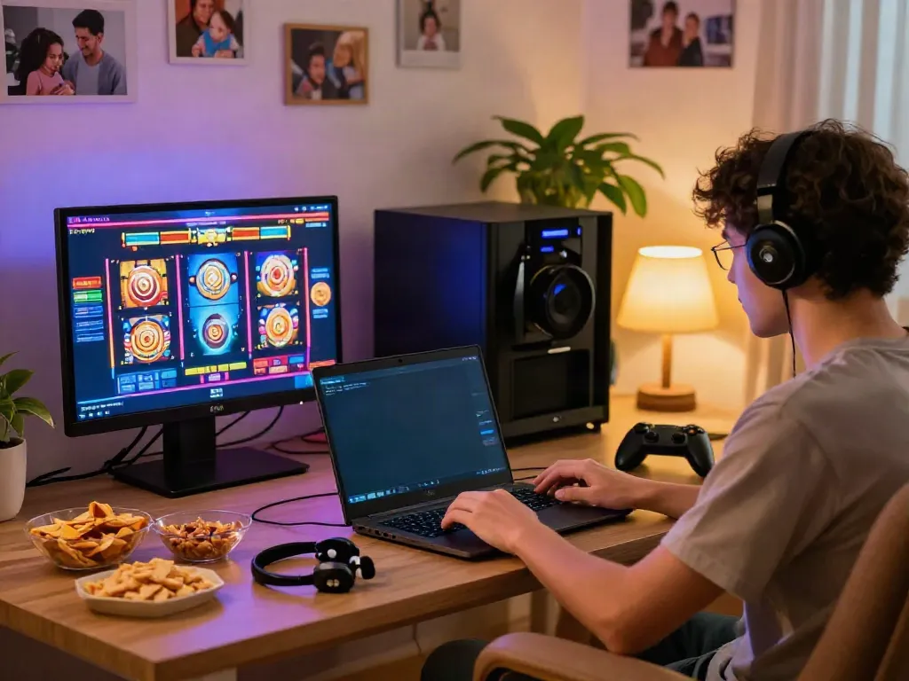 Player enjoying slot games on a laptop in a cozy living room.