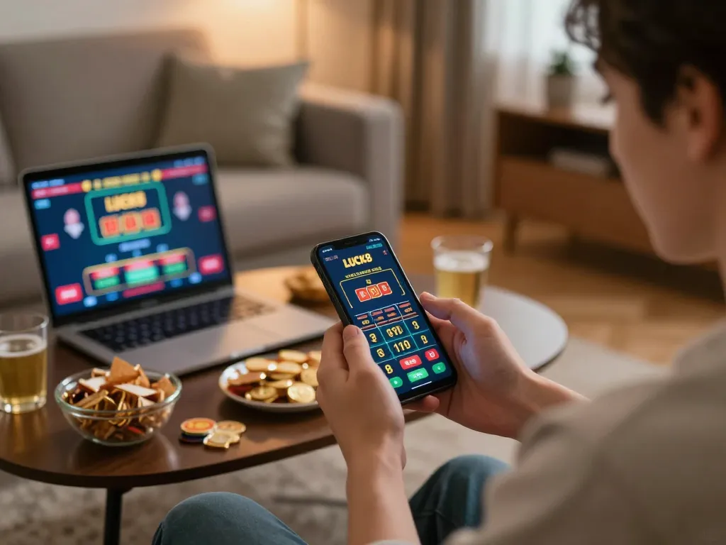 Engaging with the LUCK8 app for mobile gambling while enjoying a comfortable home environment.